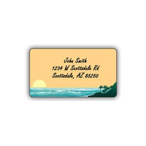May include: A yellow and blue beach sunset scene with palm trees and the text "John Smith, 1234 W Scottsdale Rd, Scottsdale, AZ 85250".