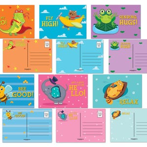 May include: A collection of colorful postcards featuring cartoon animals and playful text. Designs include a crocodile superhero, a bear in a plane, a frog, a bee, an elephant, and a cat. Each card has a unique background color and message.
