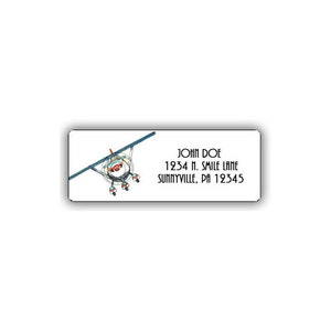May include: A white return address label with a cartoon illustration of a small plane flying. The text on the label reads "John Doe, 1234 N. Smile Lane, Sunnyville, PA 12345".
