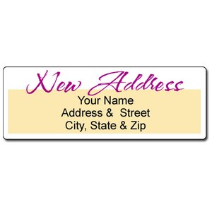 May include: A white label with a yellow background and the text "New Address" in purple cursive. Below the text, it says "Your Name", "Address & Street", and "City, State & Zip".