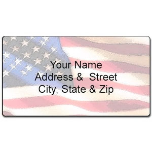 May include: A red, white, and blue American flag with the text "Your Name, Address & Street, City, State & Zip" printed on it.