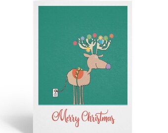 Reindeer Decorated for Christmas Funny Holiday Card - 12 Holiday Cards & Envelopes- 18091