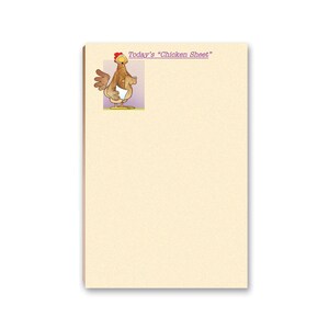 May include: A notepad with a cartoon chicken illustration and the text "Today's 'Chicken Sheet'" in purple. The notepad has a cream-colored background and a stack of pages.
