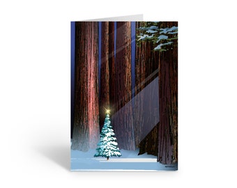 Christmas Tree Among Sequoias Holiday Forest Christmas Card Set of 18 with Envelopes, 5x7 Greeting Cards, California Nature Winter Scene