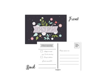 May include: A black and white RSVP postcard with a floral design and the word "RSVP" in a banner. The back of the card has a section for guests to indicate whether they will be attending the event and to provide their name.