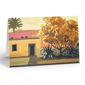 May include: A painting of a yellow house with a pink roof and a blue door. There are two large trees with yellow leaves in front of the house and a palm tree in the background.