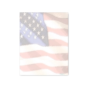 May include: An abstract depiction of the American flag. The image features the flag's iconic design with red and white stripes and a blue field with white stars. The artwork has a textured, painterly style.