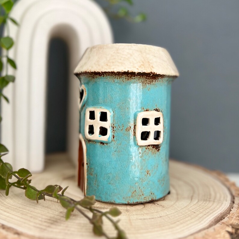 Teal Retro Village Pottery Ceramic House Tea Light Holder Oil Etsy UK
