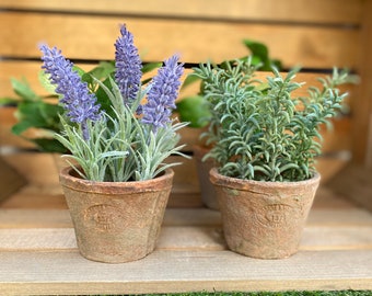 Small Artificial Herbs In Aged Terracotta Pots Faux Lavender, Thyme, Mint,Basil