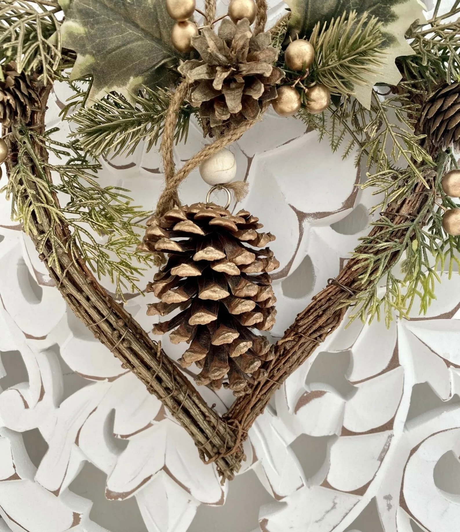 Willow Heart Christmas Wreath With Gold Pinecone and Berry Etsy UK
