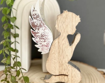 Wooden Angel Ornament Silver metal Angel Wings figurine Guardian Angel Figure