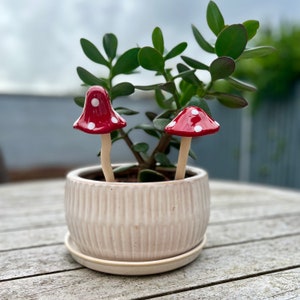 2 Ceramic Fairy Toadstools Tinkling Mushrooms Garden Ornaments Plant Pot Stakes