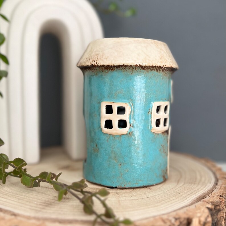 Teal Retro Village Pottery Ceramic House Tea Light Holder Oil Etsy UK
