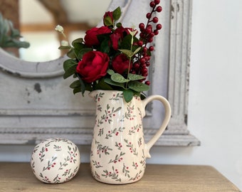 Vintage style floral ceramic jug Rustic pottery Flower Vase Pitcher Home Decor Christmas Berries print