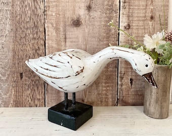 White Hand Carved Wooden Duck Figurine Ornament Shabby Chic Home Decor Gift