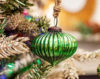 Vintage Style Onion Green Crackle Glass Bauble, Recycled Glass Christmas Tree