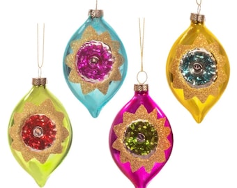 Set of 4 Bright Vintage Retro Glass Baubles Hanging Christmas Tree Decorations