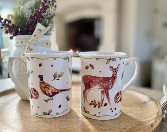 Woodland Wildlife Squirrel Deer Hedgehog Owl Mouse Fox Rabbit 2 Fine China Mugs