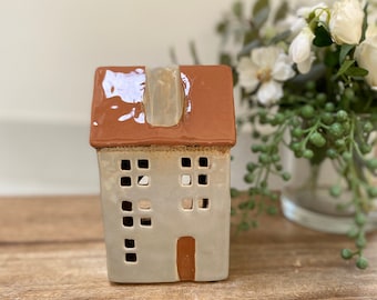 14cm Grey Ceramic Pottery Town House Home Ornament Tea Light Candle Holder Mother’s Day gift