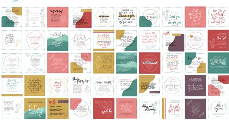 May include: A collection of square art prints with inspirational quotes and floral accents. The prints feature various color blocks in shades of teal, pink, gold, and burgundy. Each square contains a different quote in elegant calligraphy.
