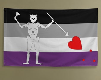 Bandera del orgullo pirata de barba negra asexual, bandera asexual, bandera de barba negra, pirata asexual, decoración asexual, nuestra bandera significa muerte, bandera OFMD, LGBTQ