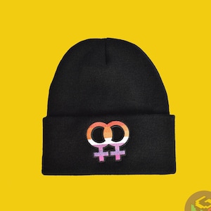 Lesbische muts, symbool van lesbische trots, muts met vlag van lesbiennes, zwarte lesbische muts, lesbiennehoed, herfstmode, wintermuts, lesbische muts