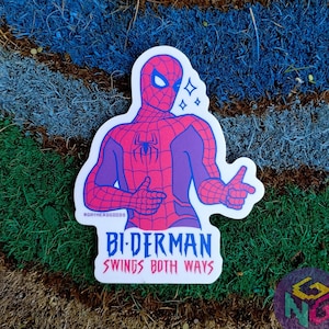 Biderman Sticker, Bisexual Sticker, Bi Decal, Comic Con, Gift for Nerd, Bisexual Pride, Swings Both Ways, Bisexuality, Gift for Bisexual