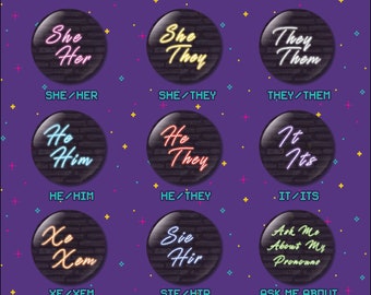 Neon Pronoun Pins, Neo Pronoun Button, She They Pronouns, Pride Shop, LGBT Accessories, Queer Button, Pinback Pronoun Pin, It Its Pronouns