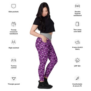 she is surrounded by product specs: "side pockets, trendy crossover waistband, high-waisted, tummy control, triangle gusset, double layered waistband, tear away care label, 4-way stretch fabric, UPF 50+, comfortable & secure fit