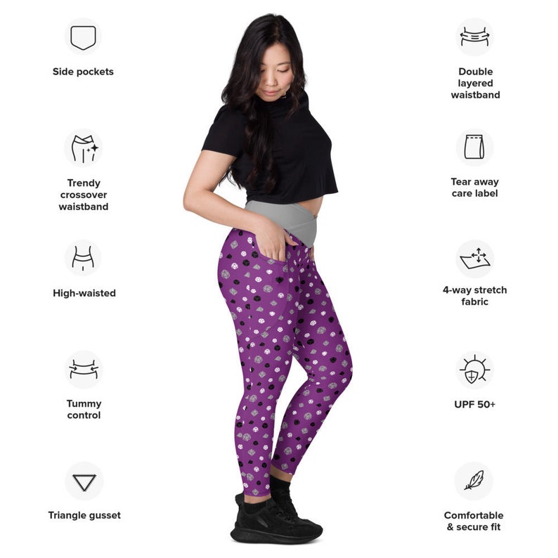 she is surrounded by product specs: "side pockets, trendy crossover waistband, high-waisted, tummy control, triangle gusset, double layered waistband, tear away care label, 4-way stretch fabric, UPF 50+, comfortable & secure fit