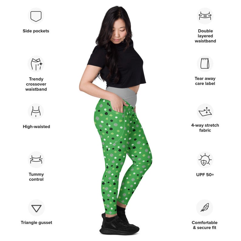 she is surrounded by product specs: "side pockets, trendy crossover waistband, high-waisted, tummy control, triangle gusset, double layered waistband, tear away care label, 4-way stretch fabric, UPF 50+, comfortable & secure fit"