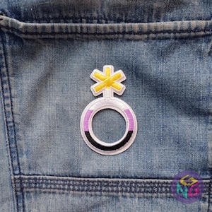 nonbinary patch iron on on blue denim background