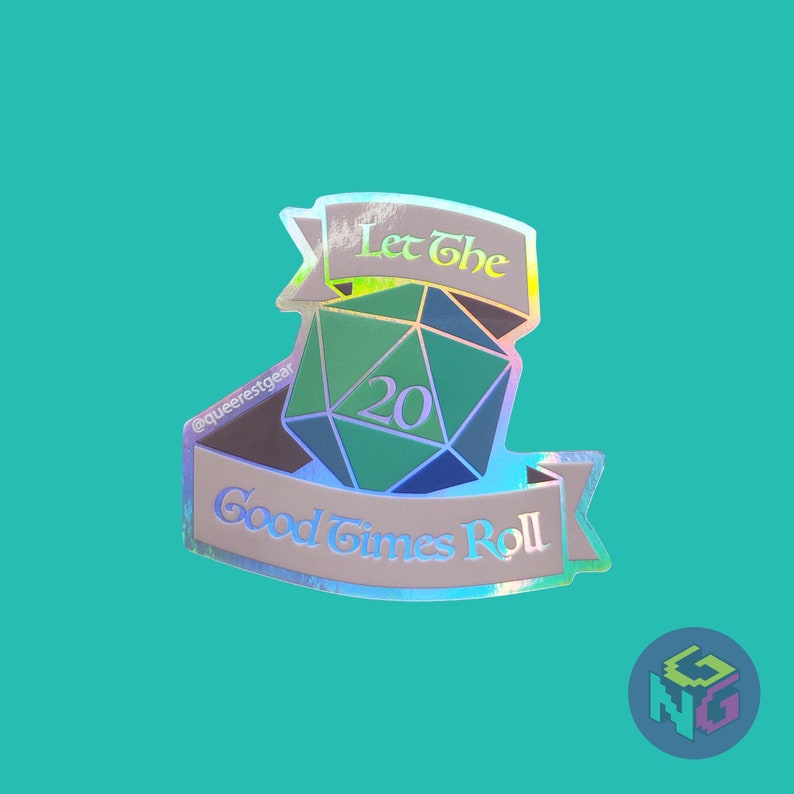 rainbow holographic let the good times roll d20 sticker on mint green background