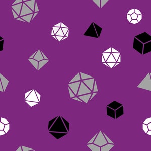 close-up of asexual dice pattern. purple background with pattern of grey, white, and black polyhedral dnd dice