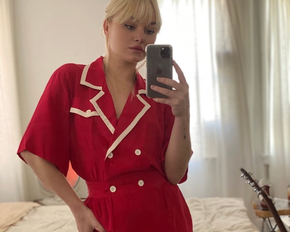 1980s Red Silk Nautical Swing Dress
