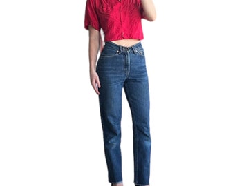 80s Silk red Collared Crop Top Button Up Shirt