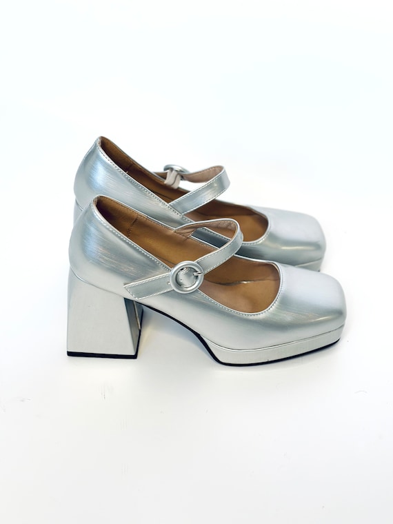 Buy 60s Style SILVER Mary Jane Platform ADJUSTABLE STRAP Shoes