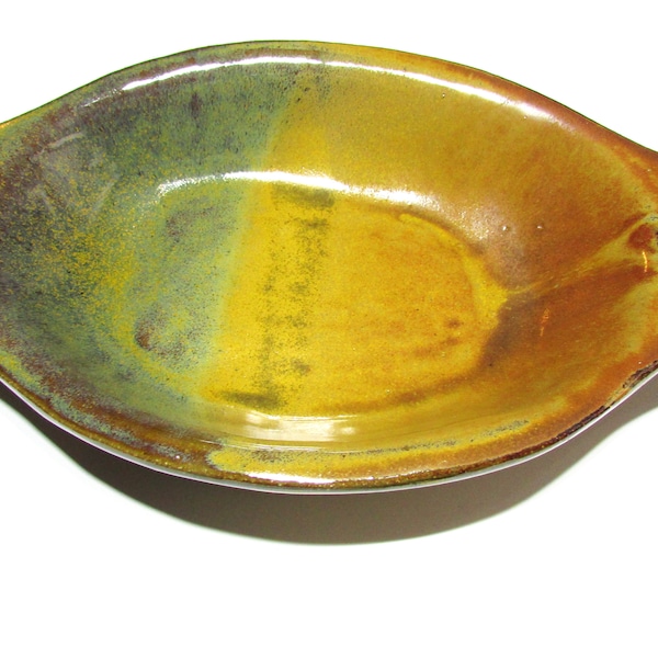 Oval Fruit Bowl, Rustic Cottage Decor, Kitchen Island Centerpiece, Ceramic Shallow Serving Bowl, Yellow Green Rust Handmade Pottery