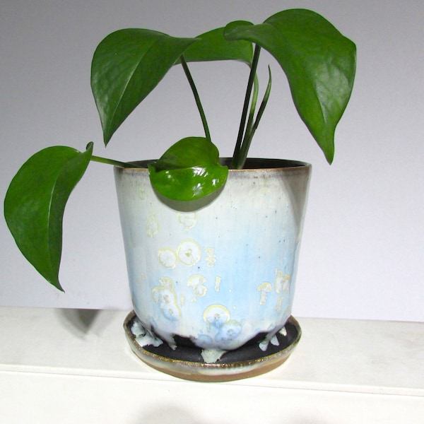 Orchid Planter with Drainage Holes Attached Saucer, Crystalline Glaze Pottery, Indoor Outdoor Flower Pot, Mother's Day Father's Day Gift