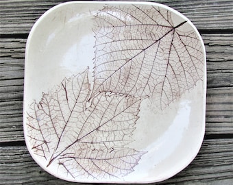 Square Dinner Plate, Handmade Pottery Leaf Print Plate, Serving Tray, Ceramic Appetizer Platter, Cozy Fall Home, Rustic Farmhouse Dinnerware