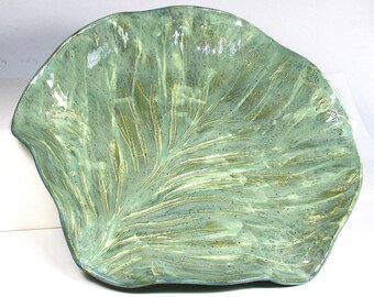 Handmade Ceramic Leaf Platter: Rustic Green Pottery Serving Tray