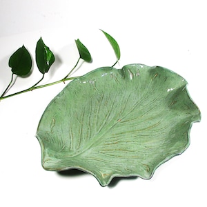 May include: A handcrafted, light green ceramic leaf-shaped serving dish. The dish features detailed veining and a textured surface. A green plant with several leaves is positioned to the left of the dish, against a white background.