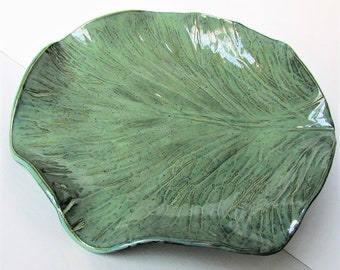 Large Handmade Pottery Platter, Serving Tray, Green Leaf Imprint Dish, Rustic Table Decor, Home Gift Idea, Botanical Ceramic Plate