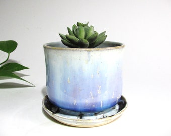 Succulent Planter with Drainage Holes Attached Saucer, Crystalline Glaze Pottery, Table Top Indoor Outdoor Flower Pot, Mother's Day Gift