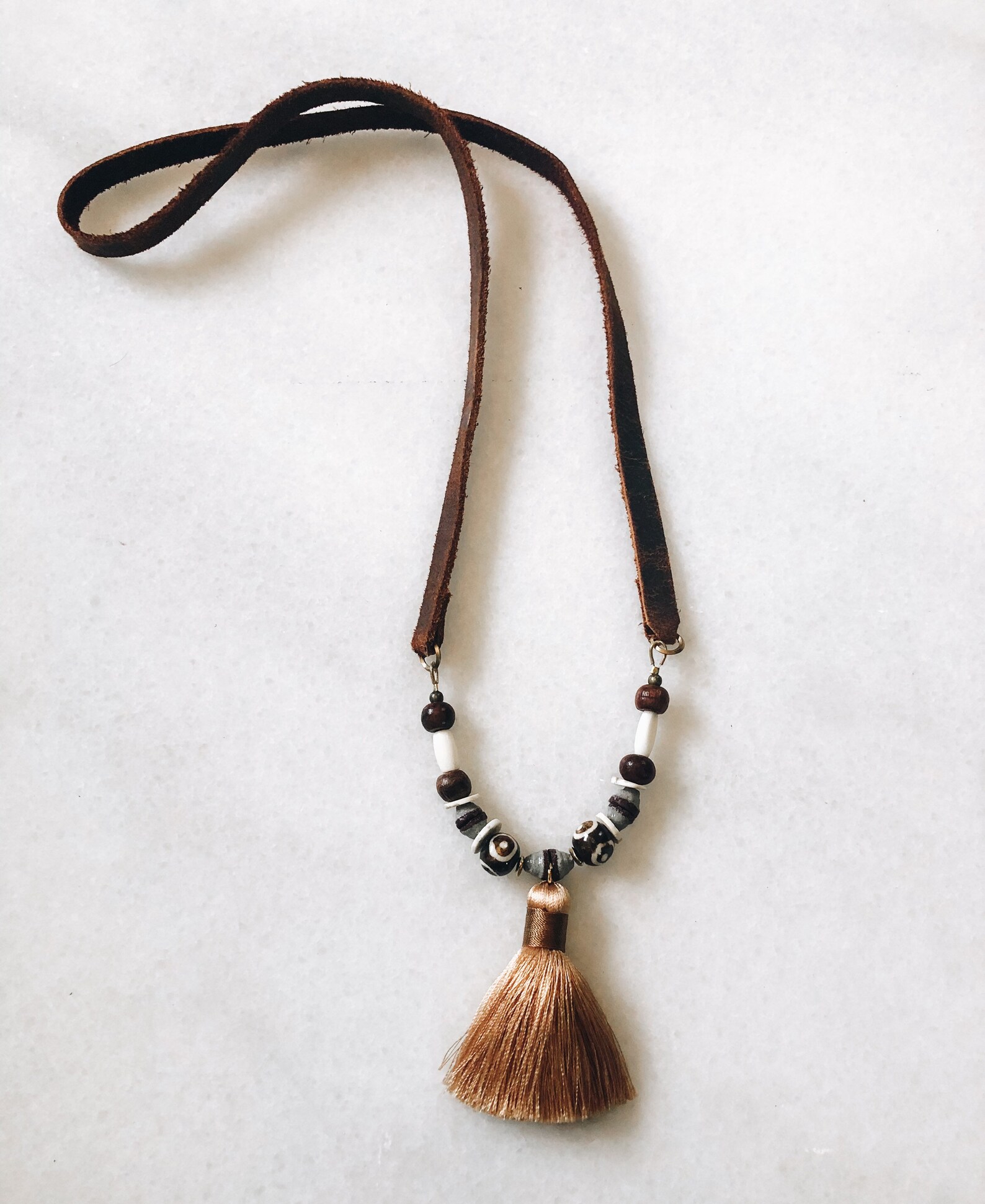 Leather Strap and Beaded Tassel Necklace Boho Necklace Etsy