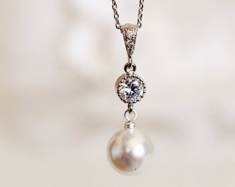 Bridal Pearl Necklace, Wedding Pearl Necklace, Pearl Drop Necklace, Crystal Pearl Necklace For Brides N120