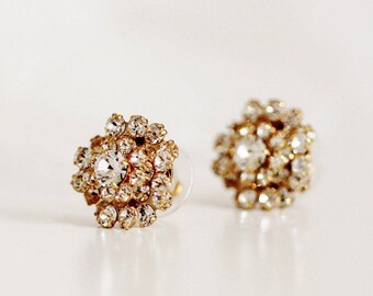 Gold Bridal Earrings Gold Stud Earrings, Crystal Cluster Stud Earrings, Circular Dome Gold Bridal Jewelry E203