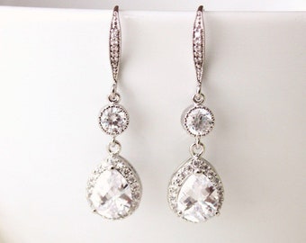 Wedding Jewelry, Bridal Earrings, Crystal Wedding Earrings, Long Cubic Zirconia, Dangle Drop Earrings, Bridal Jewelry, E115