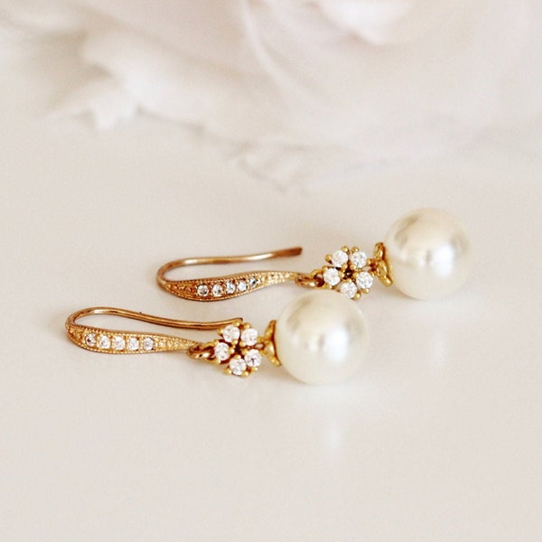 Boucles d'oreilles de mariée, Boucles d'oreilles de mariage en or, Boucles d'oreilles vintage Style Drop Pearl, Boucles d'oreilles de demoiselle d'honneur, Bijoux de mariage en or Cadeaux de demoiselle d'honneur E103