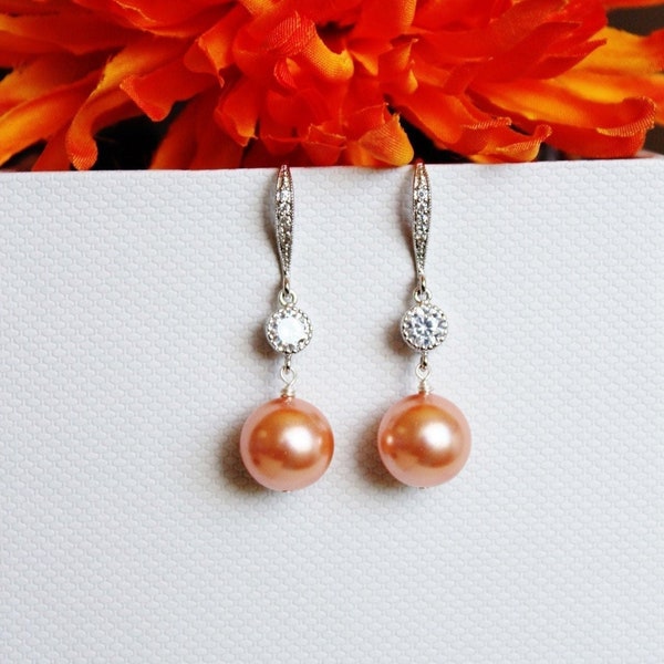 Orange Pearl Earrings, Burnt Orange Earrings, Autumn Wedding Earrings, Bridesmaid Earrings, Thanksgiving Gift Idea E105